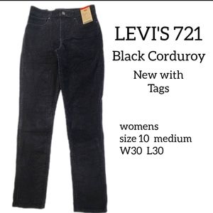 LEVI'S 721 BLACK CORDUROY JEANS WOMENS SIZE 10 MEDIUM  W30 L30 NEW WITH …